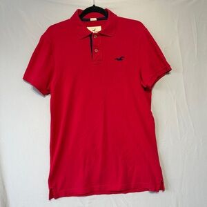 Y2K Hollister Mens Short Sleeve Polo Tee Medium Red Logo Festive Office Stretch